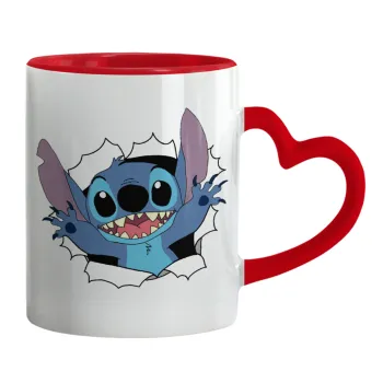 Stitch hello!!!, Mug heart red handle, ceramic, 330ml