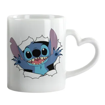 Stitch hello!!!, Κούπα καρδιά χερούλι λευκή, κεραμική, 330ml