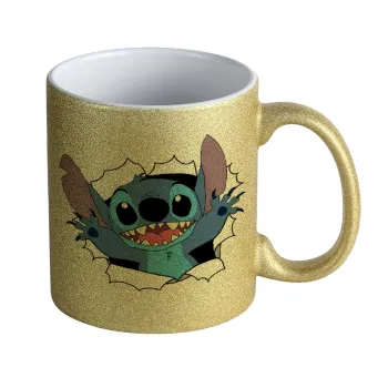 Stitch hello!!!, Κούπα Χρυσή Glitter που γυαλίζει, κεραμική, 330ml