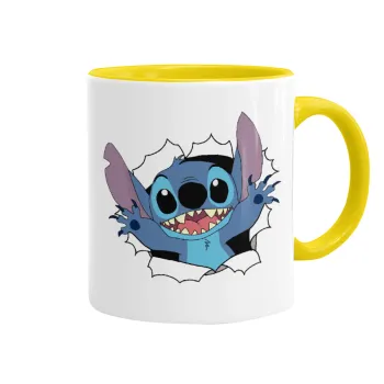 Stitch hello!!!, Κούπα χρωματιστή κίτρινη, κεραμική, 330ml