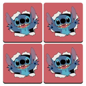 Stitch hello!!!, ΣΕΤ 4 Σουβέρ ξύλινα τετράγωνα (9cm)