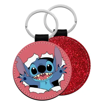 Stitch hello!!!, Μπρελόκ Δερματίνη, στρογγυλό ΚΟΚΚΙΝΟ (5cm)