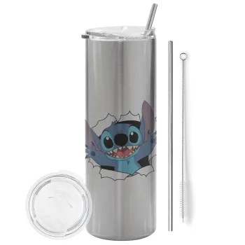 Stitch hello!!!, Tumbler ποτήρι θερμό Ασημένιο από ανοξείδωτο ατσάλι 600ml, με μεταλλικό καλαμάκι & βούρτσα καθαρισμού