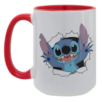 Stitch hello!!!, Κούπα Mega 15oz, κεραμική Κόκκινη, 450ml