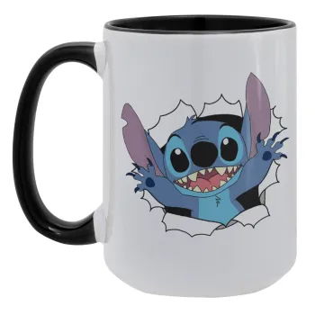 Stitch hello!!!, Κούπα Mega 15oz, κεραμική Μαύρη, 450ml