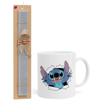 Stitch hello!!!, Easter Set, Ceramic Cup (330ml) & Easter aromatic flat candle (30cm) (GRAY)