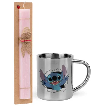 Stitch hello!!!, Πασχαλινή Λαμπάδα με μεταλλική κούπα θερμό (300ml) & κερί αρωματικό πλακέ (30cm) (ΡΟΖ)