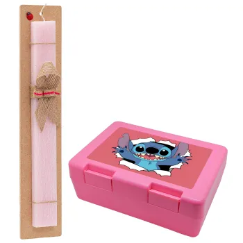 Stitch hello!!!, Πασχαλινή Λαμπάδα με παιδικό δοχείο κολατσιού ΡΟΖ & κερί αρωματικό πλακέ (30cm) (ΡΟΖ)