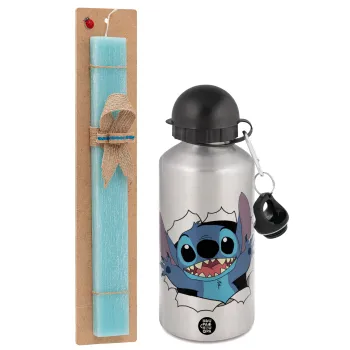 Stitch hello!!!, Πασχαλινή Λαμπάδα με παγούρι μεταλλικό Ασημένιο αλουμινίου (500ml) & κερί αρωματικό πλακέ (30cm) (ΤΙΡΚΟΥΑΖ)