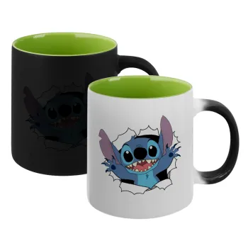Stitch hello!!!, Κούπα Μαγική εσωτερικό πράσινο, κεραμική 330ml που αλλάζει χρώμα με το ζεστό ρόφημα