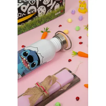 Stitch hello!!!, Πασχαλινή Λαμπάδα με παγούρι μεταλλικό (620ml, stainless steel) & κερί αρωματικό πλακέ (30cm) (ΡΟΖ)
