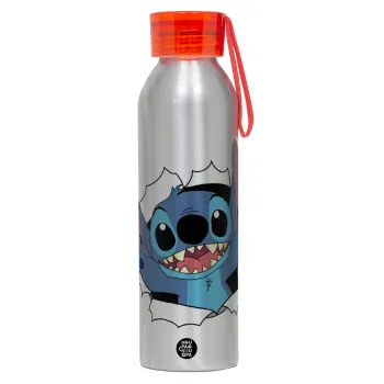 Stitch hello!!!, Αλουμινένιο Αθλητικό Μπουκάλι 650ml – Ασημί με Κόκκινο Καπάκι και Λουράκι Σιλικόνης