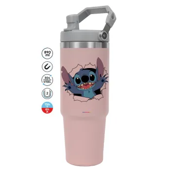 Stitch hello!!!, ΡΟΖ χρώματος Θερμός Ανοξείδωτο 890ml (30oz) με χερούλι