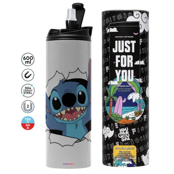 Stitch hello!!!, Tumbler ποτήρι θερμό ΓΚΡΙ από ανοξείδωτο ατσάλι 600ml