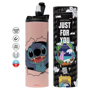 Stitch hello!!!, Tumbler ποτήρι θερμό ΡΟΖ από ανοξείδωτο ατσάλι 600ml