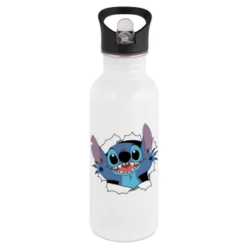 Stitch hello!!!, White water bottle with straw, stainless steel 600ml