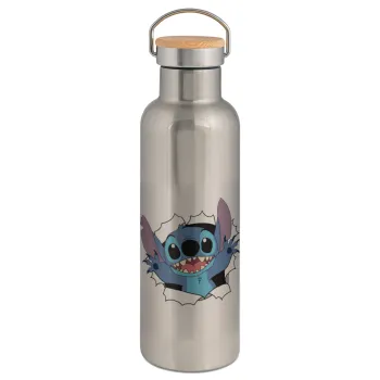 Stitch hello!!!, Stainless steel Silver with wooden lid (bamboo), double wall, 750ml