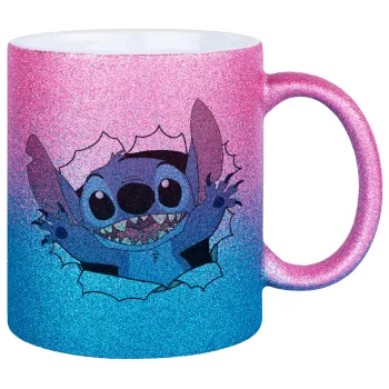 Stitch hello!!!, Κούπα Χρυσή/Μπλε Glitter, κεραμική, 330ml
