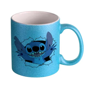 Stitch hello!!!, Κούπα Σιέλ Glitter που γυαλίζει, κεραμική, 330ml