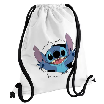 Stitch hello!!!, Τσάντα πλάτης πουγκί GYMBAG λευκή, με τσέπη (40x48cm) & χονδρά κορδόνια