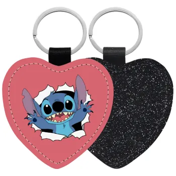 Stitch hello!!!, Μπρελόκ PU δερμάτινο glitter καρδιά ΜΑΥΡΟ