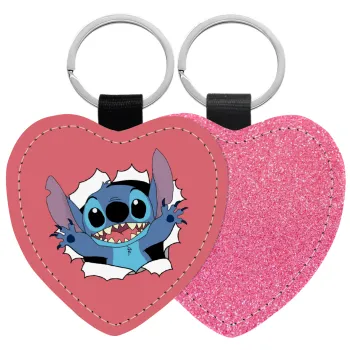 Stitch hello!!!, Μπρελόκ PU δερμάτινο glitter καρδιά ΡΟΖ