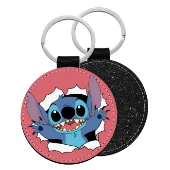 Stitch hello!!!, Μπρελόκ Δερματίνη, στρογγυλό ΜΑΥΡΟ (5cm)
