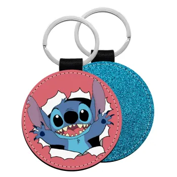 Stitch hello!!!, Μπρελόκ Δερματίνη, στρογγυλό ΜΠΛΕ (5cm)