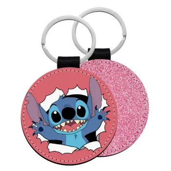 Stitch hello!!!, Μπρελόκ Δερματίνη, στρογγυλό ΡΟΖ (5cm)
