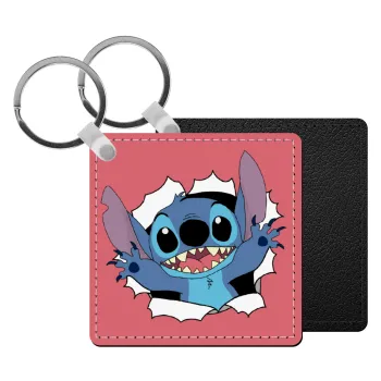 Stitch hello!!!, Μπρελόκ Δερματίνη, τετράγωνο ΜΑΥΡΟ (5x5cm)