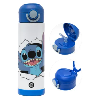 Stitch hello!!!, Children's hot water bottle, stainless steel, with safety straw, BLUE (500ml)