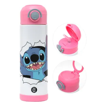 Stitch hello!!!, Children's hot water bottle, stainless steel, with safety straw, PINK (500ml)
