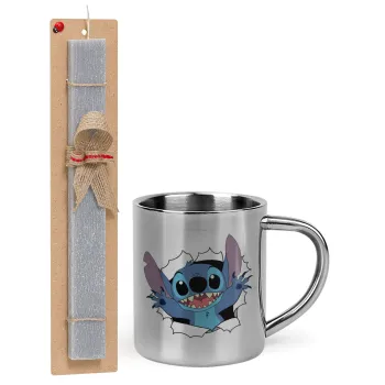 Stitch hello!!!, Πασχαλινή Λαμπάδα με μεταλλική κούπα θερμό (300ml) & κερί αρωματικό πλακέ (30cm) (ΓΚΡΙ)