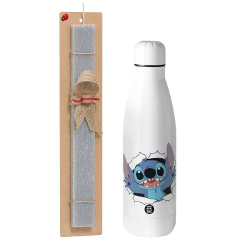 Stitch hello!!!, Πασχαλινή Λαμπάδα με μεταλλικό παγούρι θερμός ανοξείδωτο (500ml) & κερί αρωματικό πλακέ (30cm) (ΓΚΡΙ)