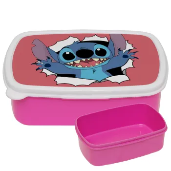 Stitch hello!!!, ΡΟΖ παιδικό δοχείο φαγητού (lunchbox) πλαστικό (BPA-FREE) Lunch Βox M18 x Π13 x Υ6cm