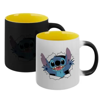 Stitch hello!!!, Κούπα Μαγική εσωτερικό κίτρινη, κεραμική 330ml που αλλάζει χρώμα με το ζεστό ρόφημα