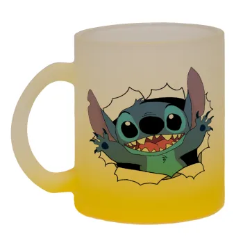 Stitch hello!!!, Κούπα γυάλινη δίχρωμη με βάση το κίτρινο ματ, 330ml