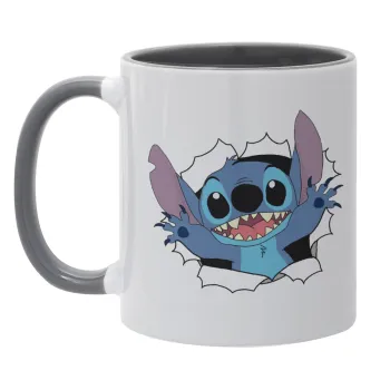 Stitch hello!!!, Κούπα χρωματιστή γκρι, κεραμική, 330ml