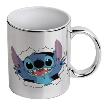 Stitch hello!!!, Κούπα κεραμική, ασημένια καθρέπτης, 330ml