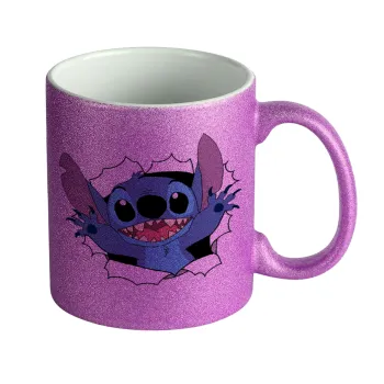 Stitch hello!!!, Κούπα Μωβ Glitter που γυαλίζει, κεραμική, 330ml