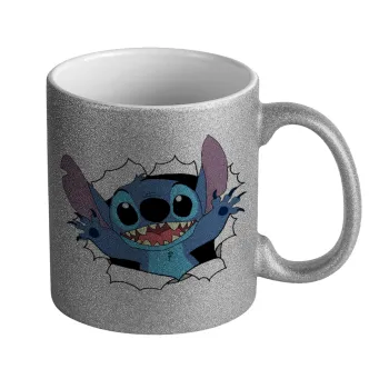 Stitch hello!!!, Κούπα Ασημένια Glitter που γυαλίζει, κεραμική, 330ml