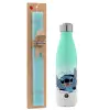 Easter Set, Metallic green/white thermos (Stainless steel), double-walled, 500ml & scented flat Easter candle (30cm) (TURQUOISE)
