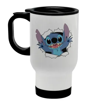 Stitch hello!!!, Κούπα ταξιδιού ανοξείδωτη με καπάκι, διπλού τοιχώματος (θερμό) λευκή 450ml