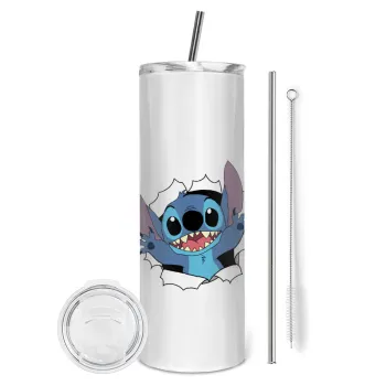 Stitch hello!!!, Tumbler stainless steel 600ml, with metal straw & cleaning brush
