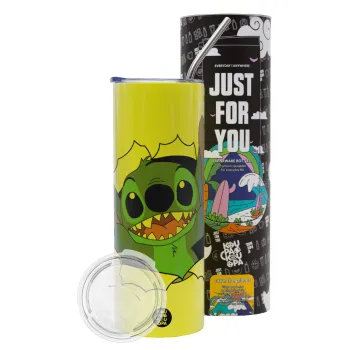 Stitch hello!!!, Neon Yellow Travel Tumbler θερμό, μεταλλικό καλαμάκι(Ανωξείδωτο 304 Food grade, BPA free, 600ml)