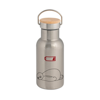 Baymax battery low, Stainless steel metallic thermos flask, silver with a bamboo lid, double-walled, 350ml.
