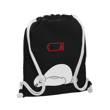 Baymax battery low, Backpack pouch GYMBAG Black, with pocket (40x48cm) & thick white cords