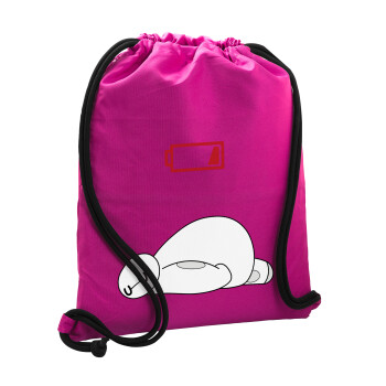Baymax battery low, Τσάντα πλάτης πουγκί GYMBAG Φούξια, με τσέπη (40x48cm) & χονδρά κορδόνια