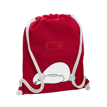 Baymax battery low, Backpack pouch GYMBAG Red, with pocket (40x48cm) & thick cords