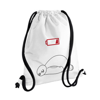 Baymax battery low, Τσάντα πλάτης πουγκί GYMBAG λευκή, με τσέπη (40x48cm) & χονδρά κορδόνια